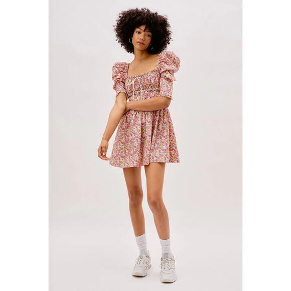 NWT For Love & Lemons Libby Mini Dress | Floral Pink Yellow | SZ M - Picture 2 of 15